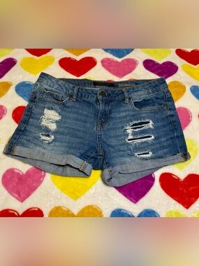 Aeropostale Blue Distressed Rolled Cuff Denim Shorts